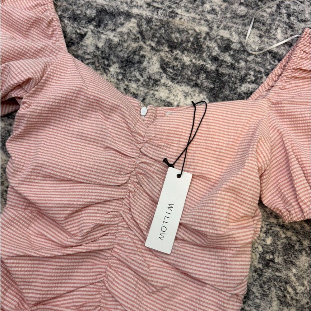 Willow & Clay Pink Seersucker Ruched Puff Sleeve Bodycon Mini Dress Womens M NWT - Picture 3 of 10